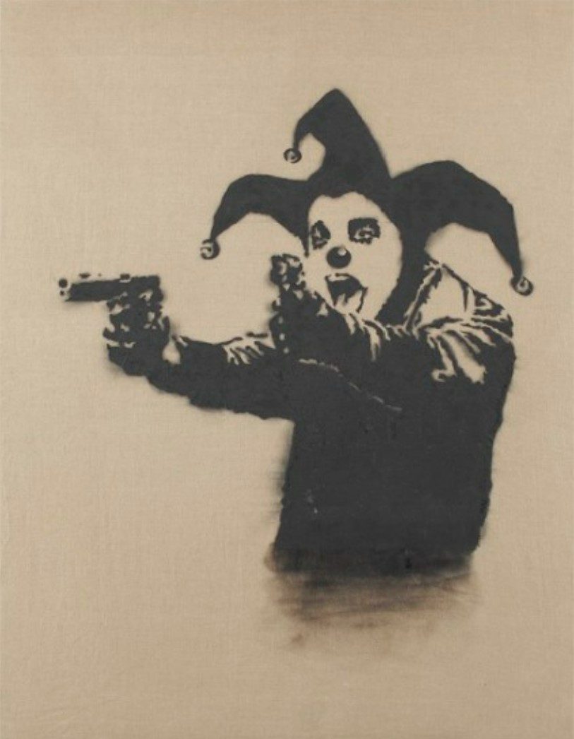 Insane Clown, 2001, spraypaint stencil on Hessian