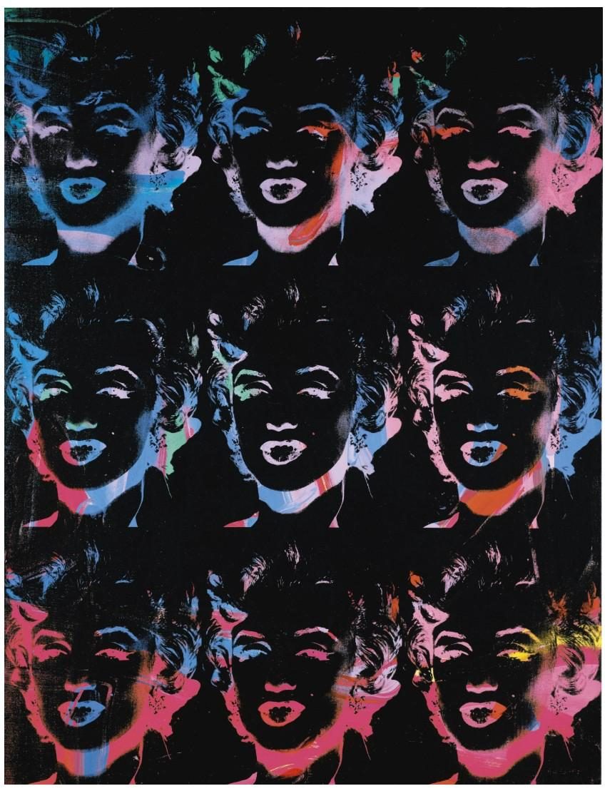 ANDY WARHOL, 9 Multicolored Marilyns (Reversal Series), 1979-86, Acrylic and silkscreen ink on canvas, 54x42 inches, sold at Sotheby's London, on 14 October 2022, for GBP 5,189,200 (USD 5,817,489)