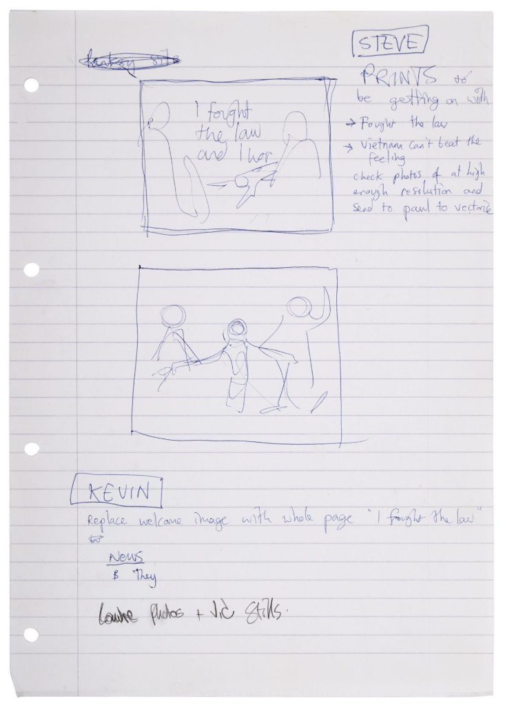 I Fought The Law and Napalm Original Sketches and Notes from Steve Lazarides Archives