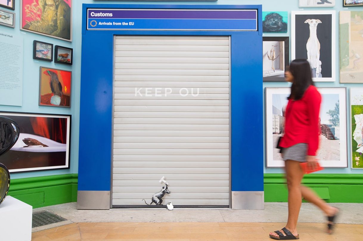 Banksy, Keep Ou T on view during the Summer Exhibition at the Royal Academy of Arts, June-August 2019 Image: © Royal Academy of Arts / David Parry. Artwork: © Pest Control
