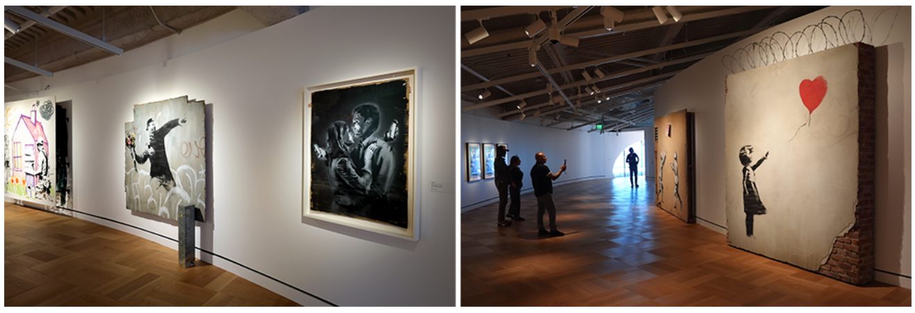 Left and right: Installation view of Banksy works at the Lucas Museum of Narrative Art, Los Angeles, September 2026 Image (left): Associated Press / Alamy. Image (right): Stefanie Keenan / Photo by Stefanie Keenan/Getty Images for Lucas Museum of Narrative Art. Artwork: © Pest Control
