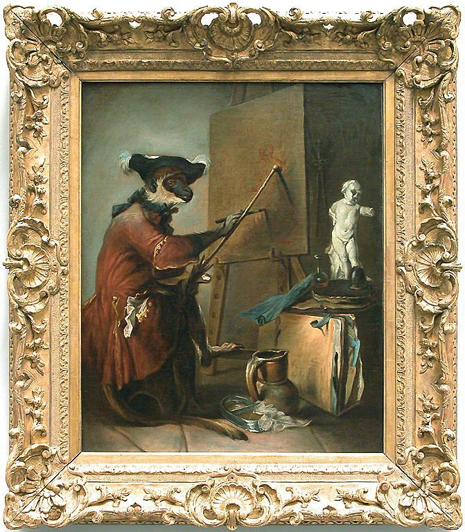 Jean-Baptiste-Siméon Chardin, The Monkey Painter (Le Singe peintre), c. 1739–1740. Musée du Louvre, Paris. Chardin transforms the monkey into a parody of the artist himself, drawing upon the long European tradition of singerie in which animals imitate supposedly sophisticated human behaviour.