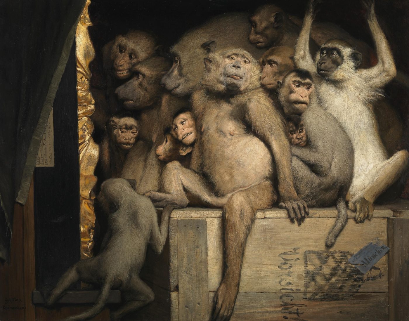 Gabriel von Max, Monkeys as Judges of Art (Affen als Kunstrichter), 1889. Bayerische Staatsgemäldesammlungen, Neue Pinakothek, Munich. Thirteen monkeys gather before a painting as if forming a committee of connoisseurs, turning the supposedly civilised rituals of artistic judgment into an anthropomorphic satire.