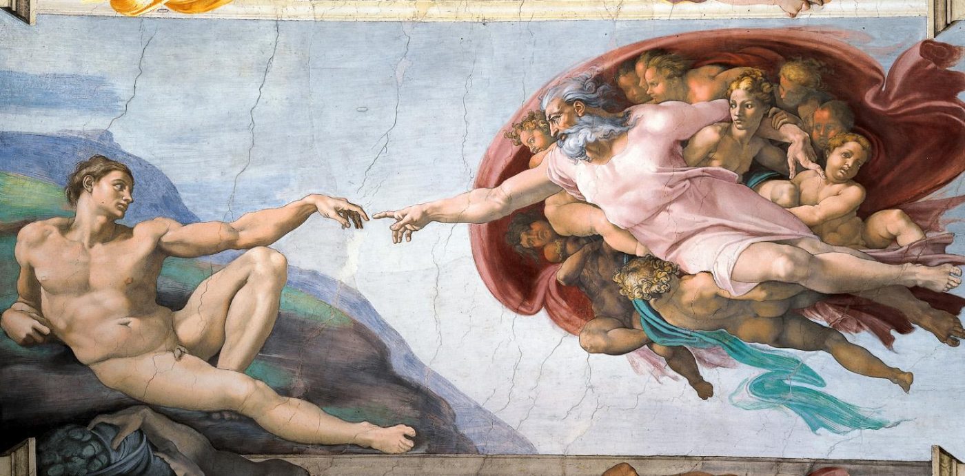 Michelangelo Buonarroti, The Creation of Adam, c. 1508–1512. Fresco, Sistine Chapel ceiling, Vatican City.